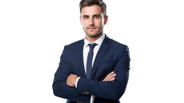 a man in a suit and tie standing with his arms crossed photo